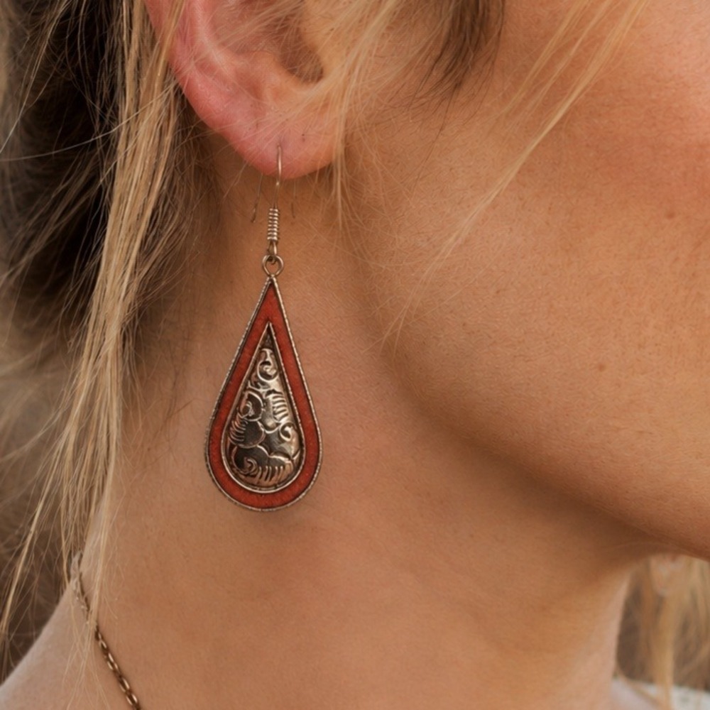 Coral Gemstone Handmade Drop Dangle Tibetan Earrings 2.64" Boho Artisan Ethnic
